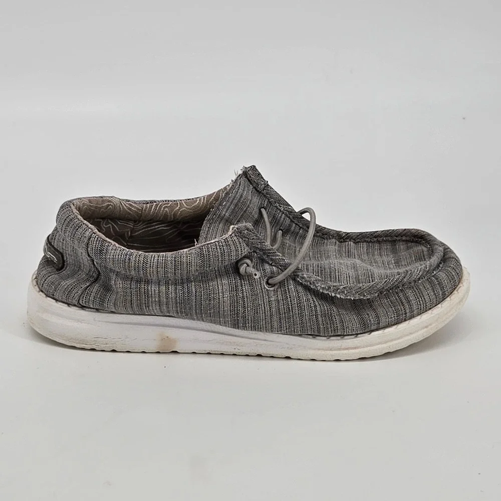 HeyDude Wally Youth Linen Stone Gray Loafers Canvas Slip On Shoes Size US 2Y GUC